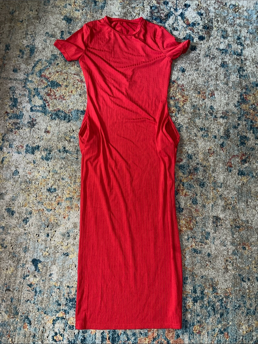 SHEIN Red Ribbed Short Sleeve Maxi Dress with Side Ruching Detail